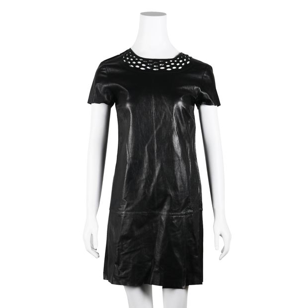 Diane Von Furstenberg Black Leather Midi Dress With Eyelet Collar
