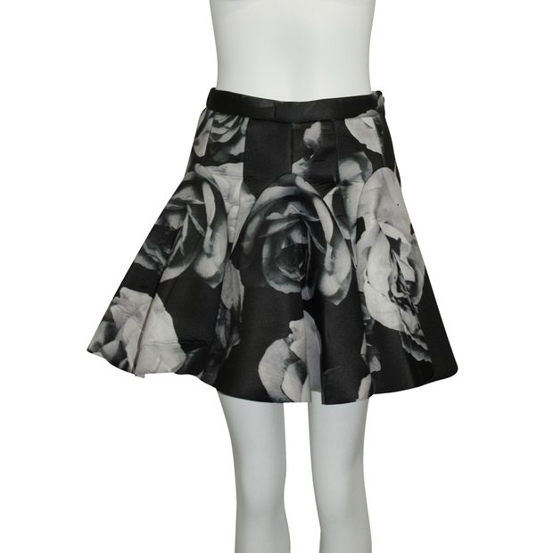 Contemporary Designer Black & White Rose Pattern Flared Skirt